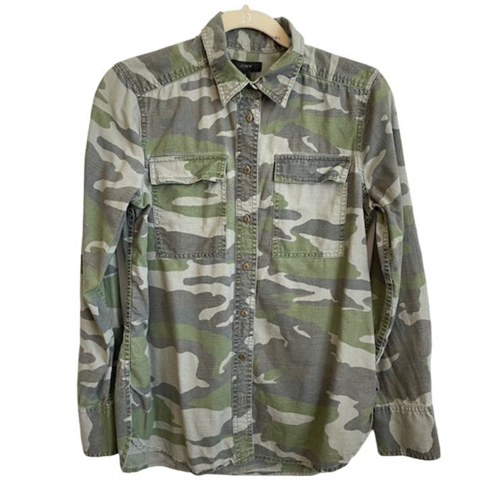 J. Crew women's camo button down shirt with long sleeves.